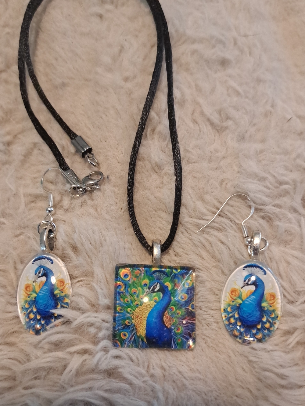 Hand Crafted Blue Peacock Pendant Necklace and Earring Set